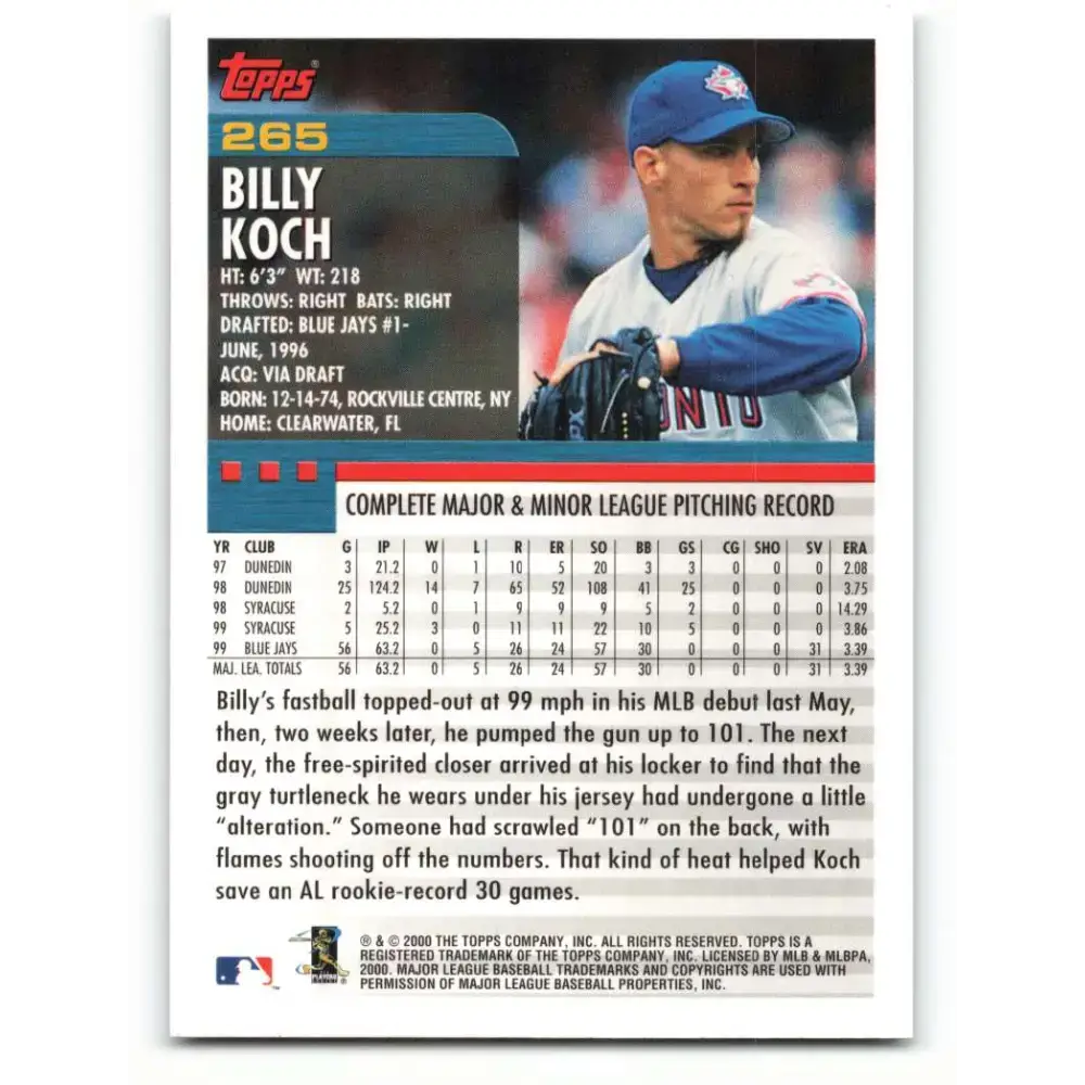 2000 Topps #265 Billy Koch EX Excellent Toronto Blue Jays Baseball Card - Baseball Card Single