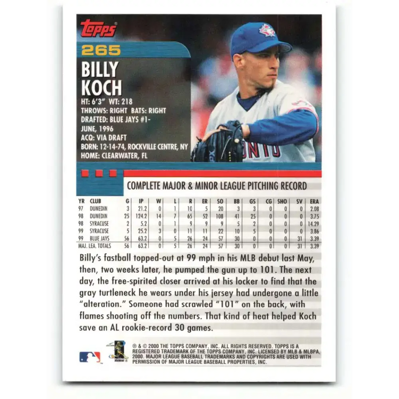 2000 Topps #265 Billy Koch EX Excellent Toronto Blue Jays Baseball Card - Baseball Card Single