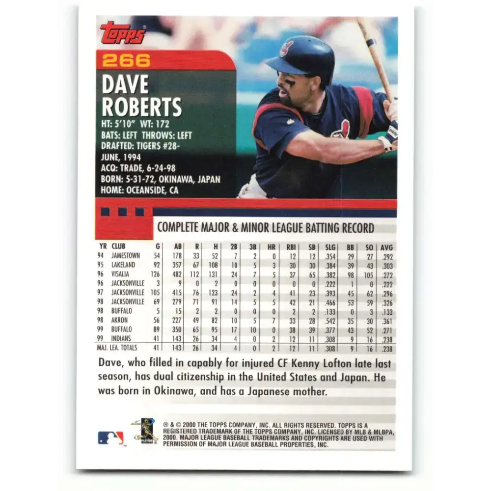 2000 Topps #266 Dave Roberts EX Excellent Cleveland Indians Baseball Card - Baseball Card Single