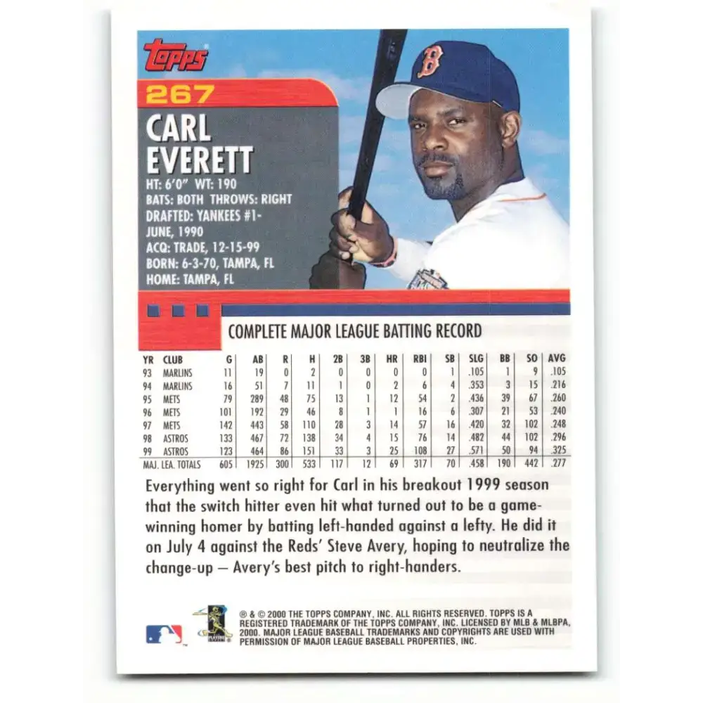 2000 Topps #267 Carl Everett EX Excellent Boston Red Sox Baseball Card - Baseball Card Single