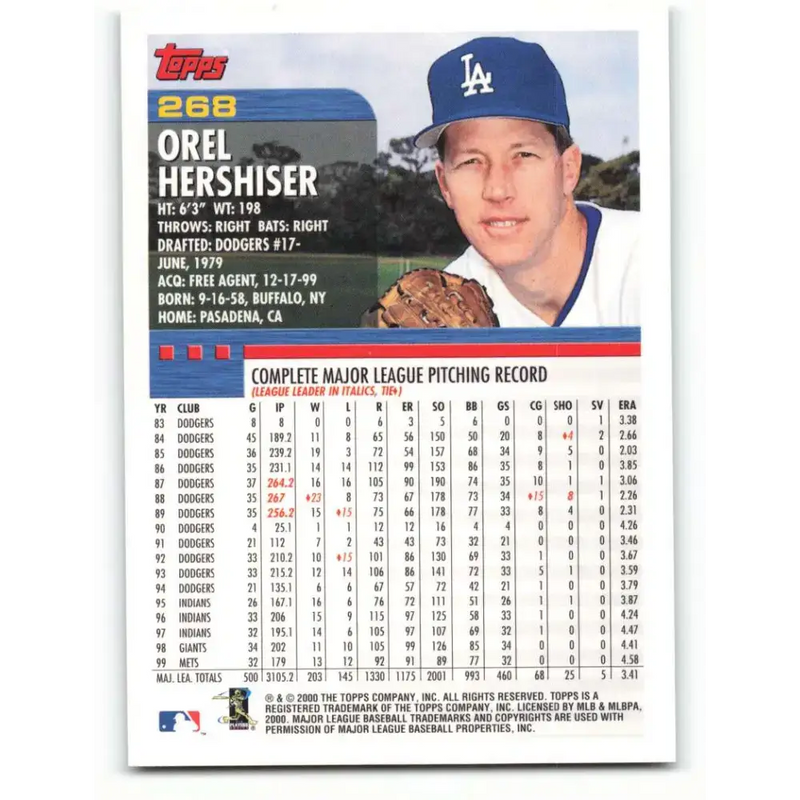 2000 Topps #268 Orel Hershiser EX Excellent Los Angeles Dodgers Baseball Card - Baseball Card Single
