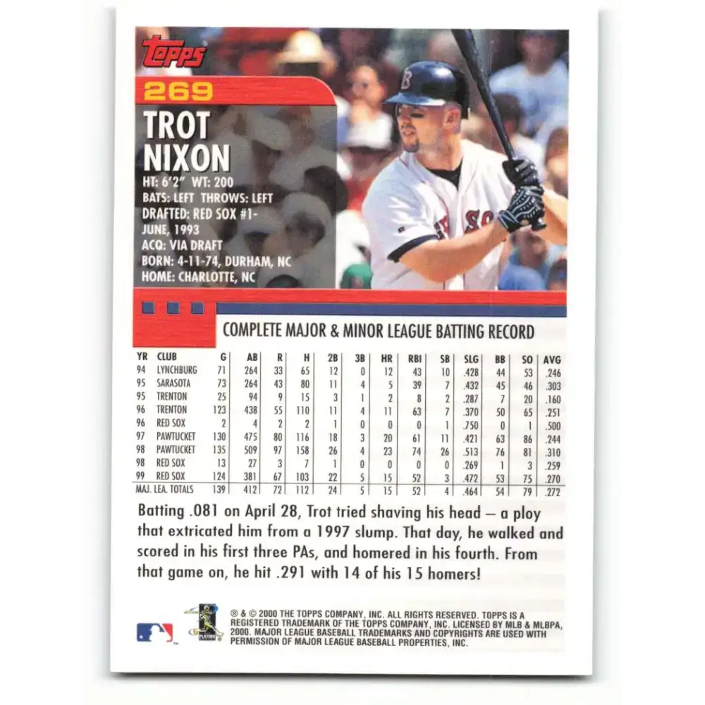 2000 Topps #269 Trot Nixon EX Excellent Boston Red Sox Baseball Card - Baseball Card Single