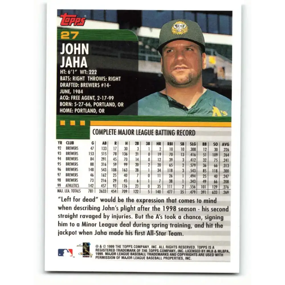 2000 Topps #27 John Jaha EX Excellent Oakland Athletics Baseball Card - Baseball Card Single