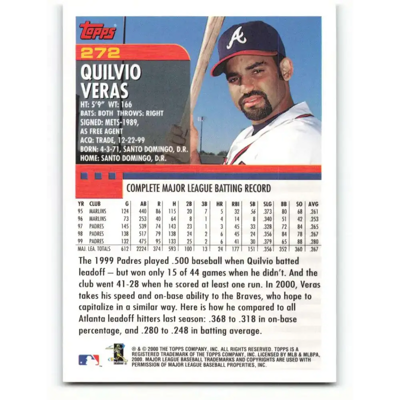 2000 Topps #272 Quilvio Veras EX Excellent Atlanta Braves Baseball Card - Baseball Card Single