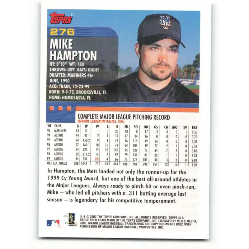 2000 Topps #276 Mike Hampton EX Excellent New York Mets Baseball Card - Baseball Card Single