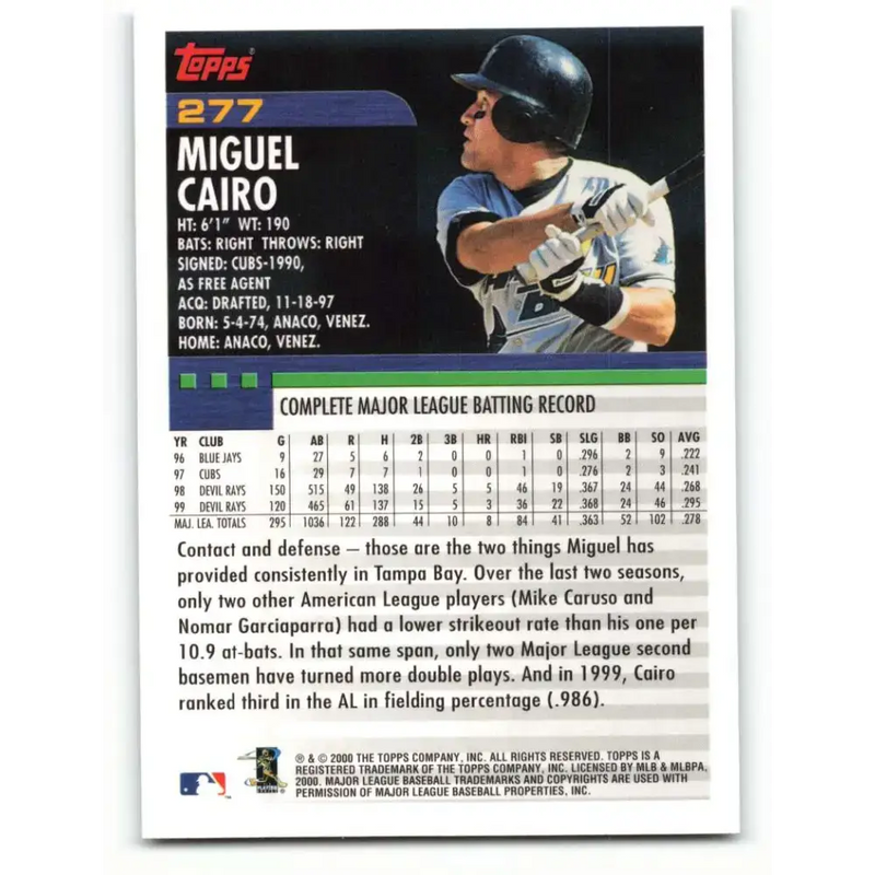 2000 Topps #277 Miguel Cairo EX Excellent Tampa Bay Devil Rays Baseball Card - Baseball Card Single