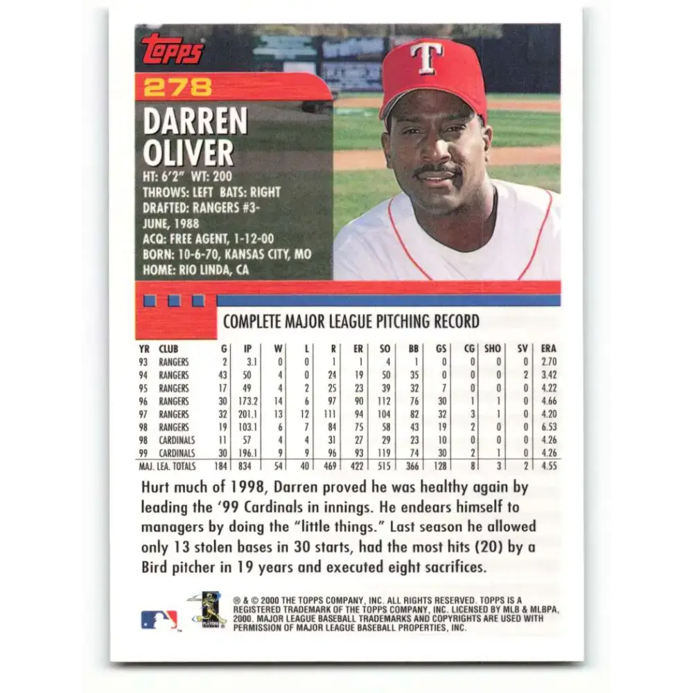 2000 Topps #278 Darren Oliver EX Excellent Texas Rangers Baseball Card - Baseball Card Single