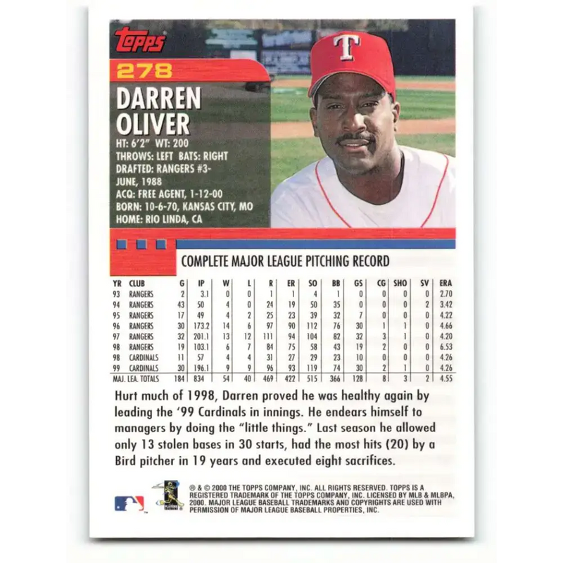 2000 Topps #278 Darren Oliver EX Excellent Texas Rangers Baseball Card - Baseball Card Single