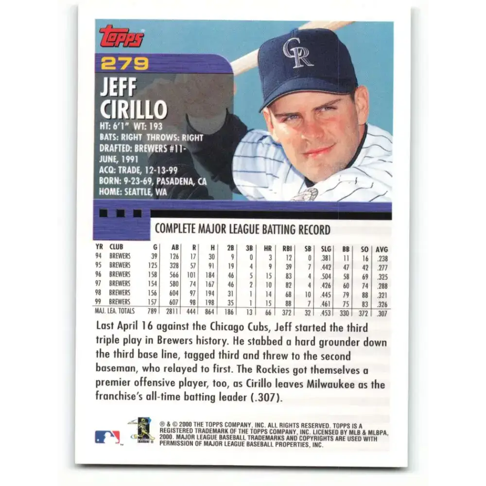 2000 Topps #279 Jeff Cirillo EX Excellent Colorado Rockies Baseball Card - Baseball Card Single