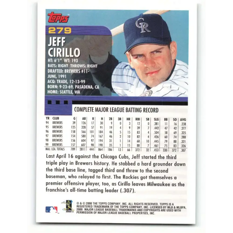 2000 Topps #279 Jeff Cirillo EX Excellent Colorado Rockies Baseball Card - Baseball Card Single