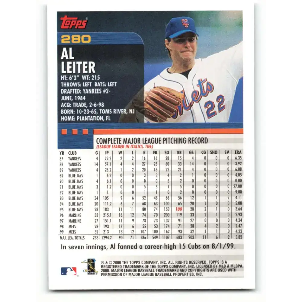 2000 Topps #280 Al Leiter EX Excellent New York Mets Baseball Card - Baseball Card Single