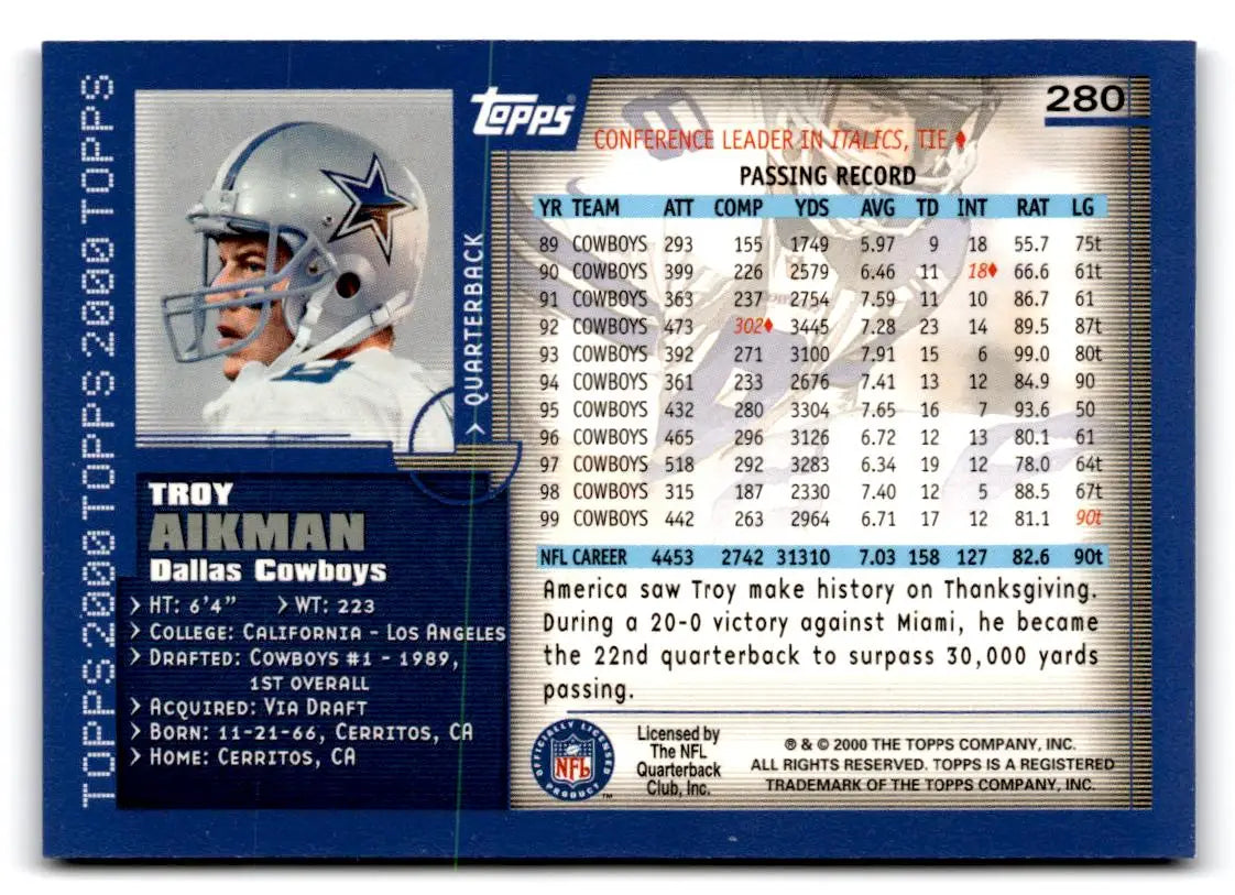 2000 Topps #280 Troy Aikman - Football Card Single