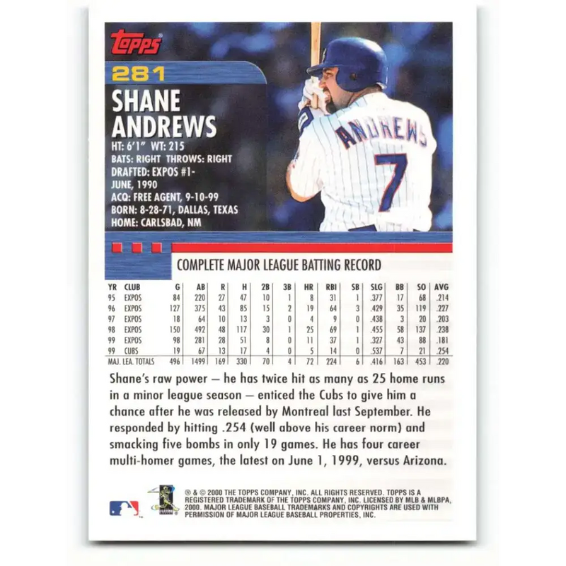 2000 Topps #281 Shane Andrews EX Excellent Chicago Cubs Baseball Card - Baseball Card Single