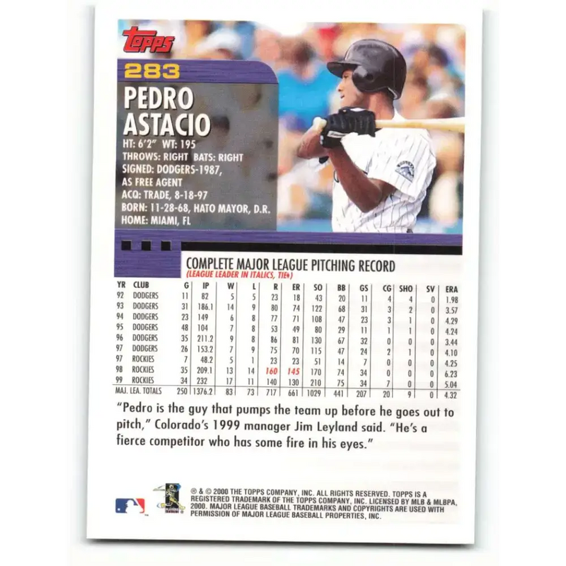 2000 Topps #283 Pedro Astacio EX Excellent Colorado Rockies Baseball Card - Baseball Card Single