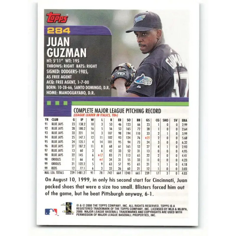 2000 Topps #284 Juan Guzman EX Excellent Tampa Bay Devil Rays Baseball Card - Baseball Card Single