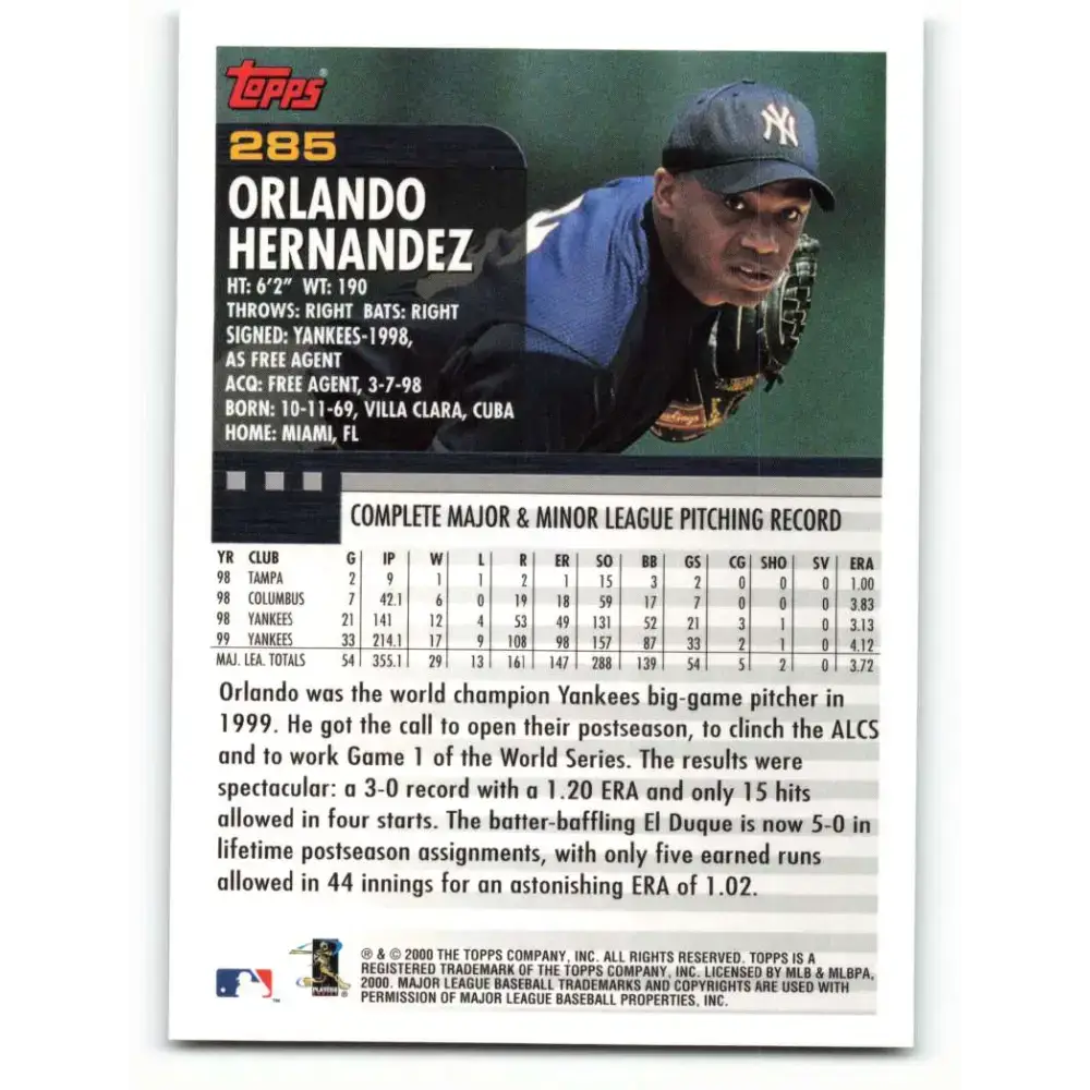2000 Topps #285 Orlando Hernandez EX Excellent New York Yankees Baseball Card - Baseball Card Single
