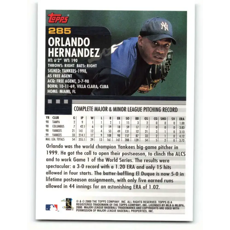 2000 Topps #285 Orlando Hernandez EX Excellent New York Yankees Baseball Card - Baseball Card Single