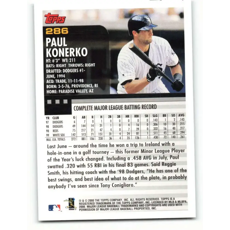 2000 Topps #286 Paul Konerko EX Excellent Chicago White Sox Baseball Card - Baseball Card Single