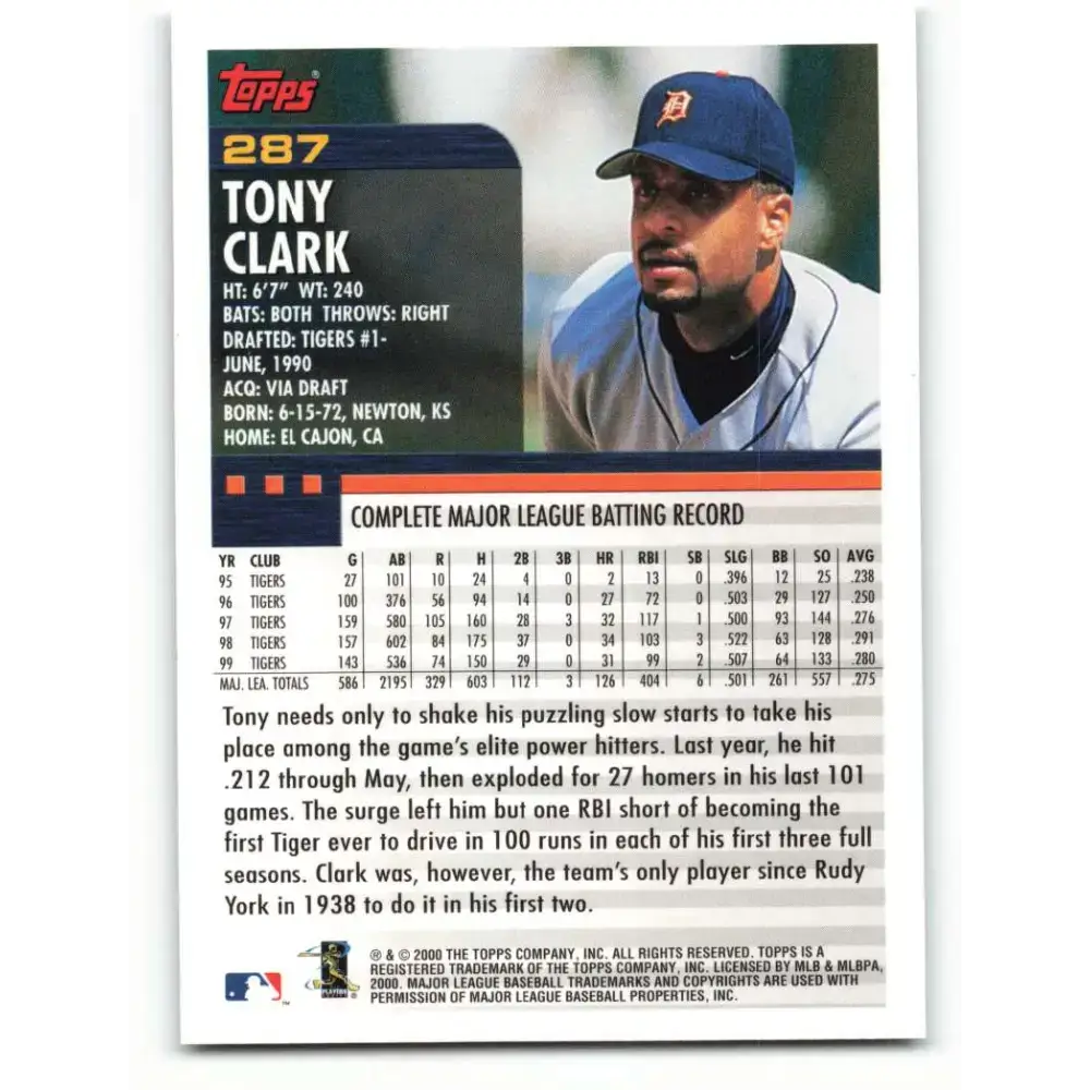 2000 Topps #287 Tony Clark EX Excellent Detroit Tigers Baseball Card - Baseball Card Single
