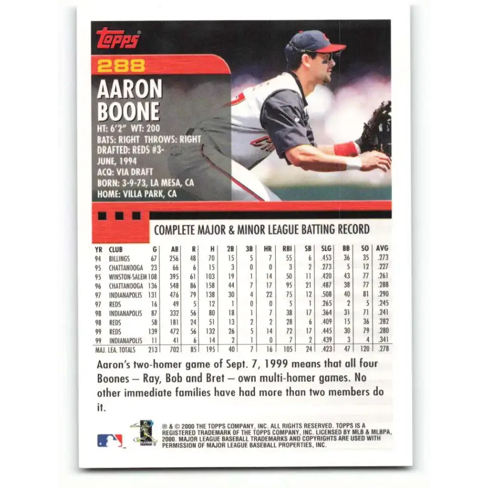 2000 Topps #288 Aaron Boone EX Excellent Cincinnati Reds Baseball Card - Baseball Card Single
