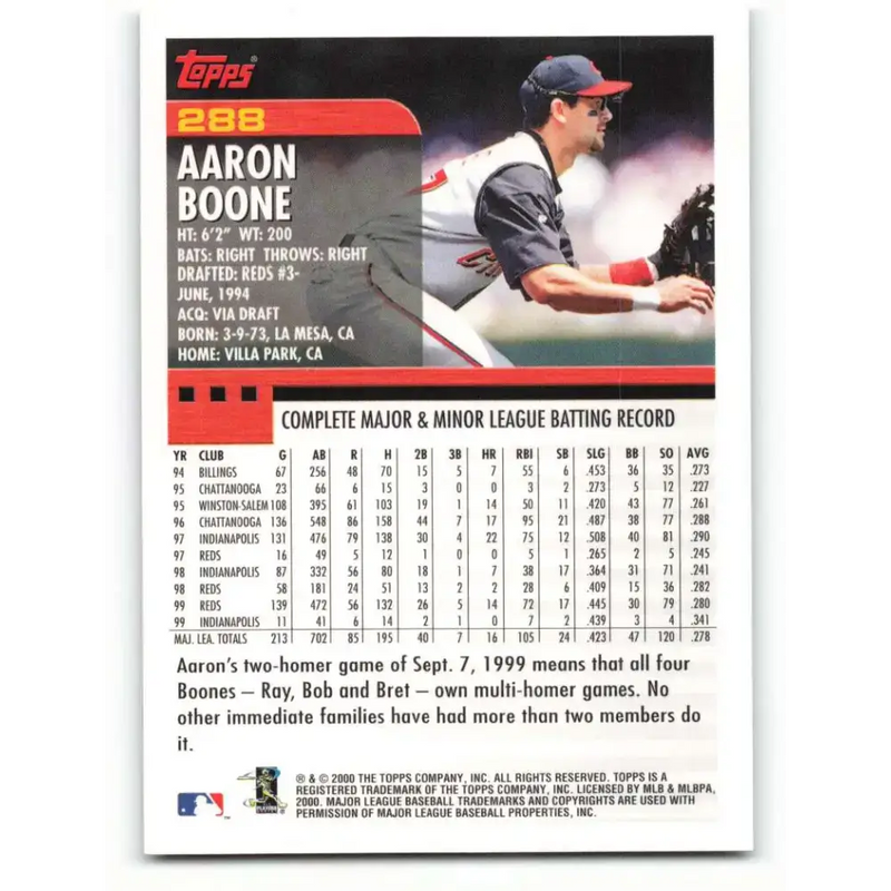 2000 Topps #288 Aaron Boone EX Excellent Cincinnati Reds Baseball Card - Baseball Card Single