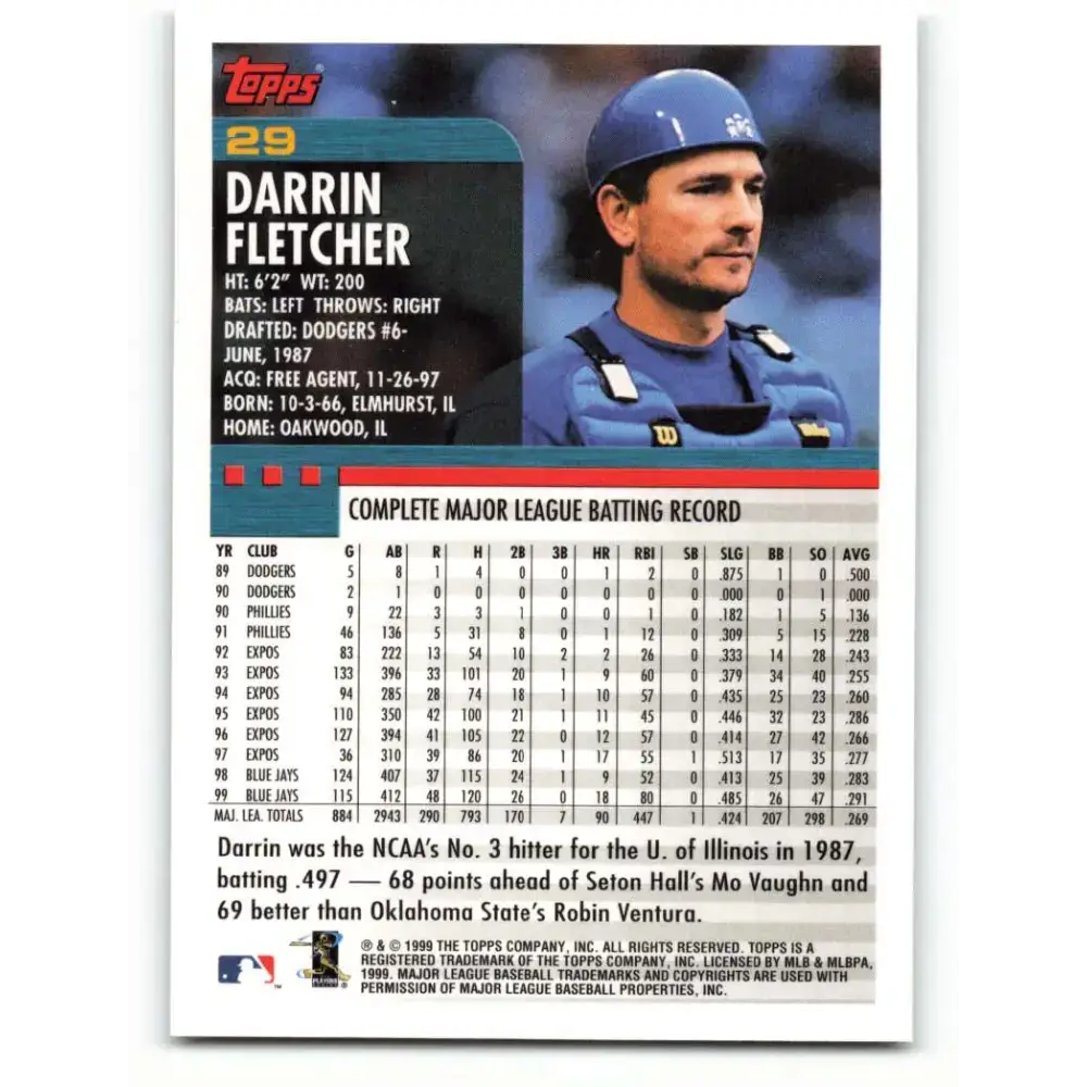 2000 Topps #29 Darrin Fletcher EX Excellent Toronto Blue Jays Baseball Card - Baseball Card Single