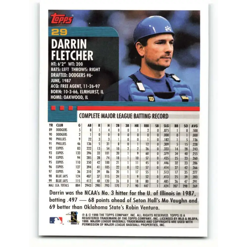 2000 Topps #29 Darrin Fletcher EX Excellent Toronto Blue Jays Baseball Card - Baseball Card Single