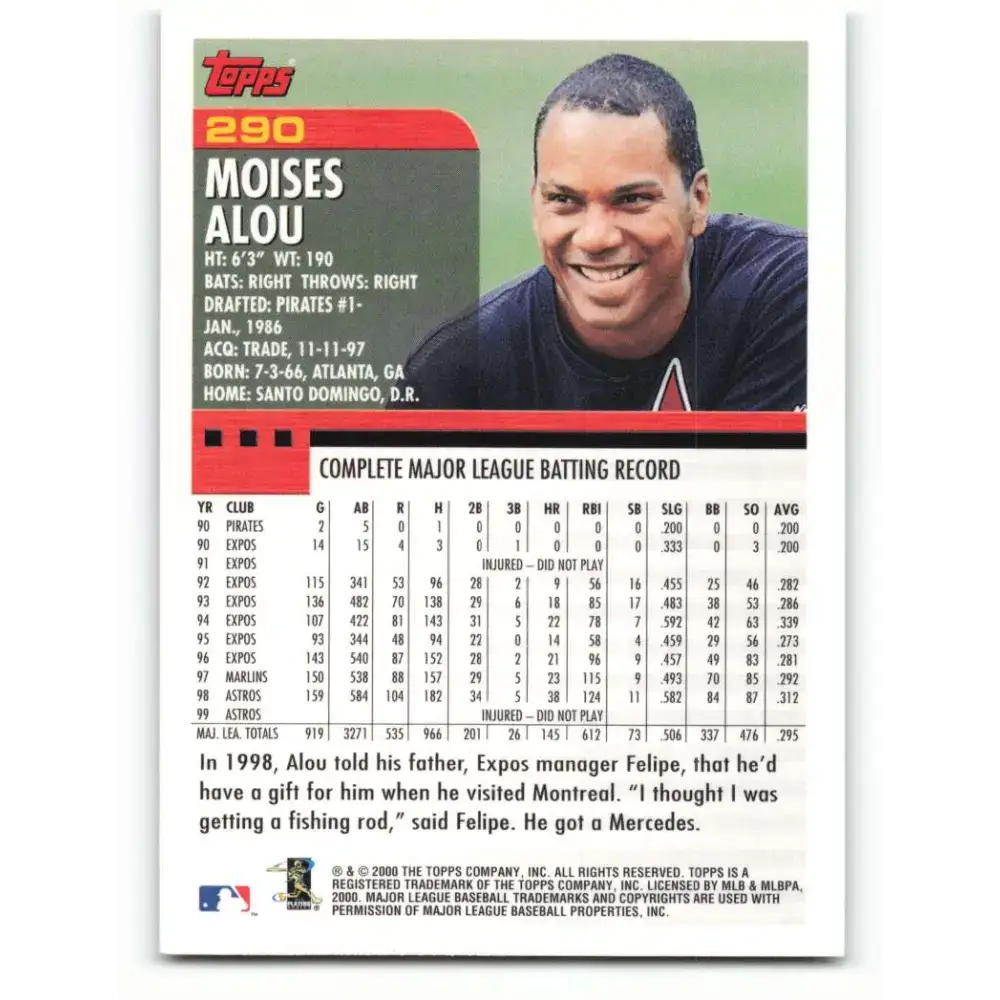 2000 Topps #290 Moises Alou EX Excellent Houston Astros Baseball Card - Baseball Card Single
