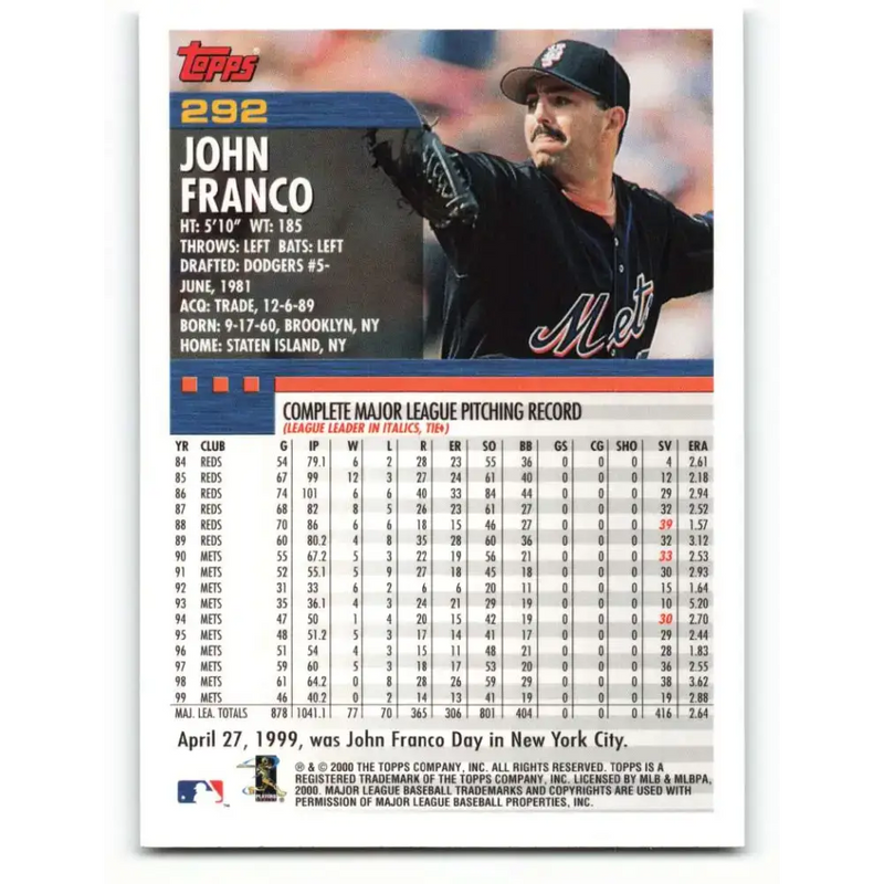 2000 Topps #292 John Franco EX Excellent New York Mets Baseball Card - Baseball Card Single