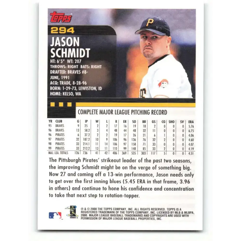2000 Topps #294 Jason Schmidt EX Excellent Pittsburgh Pirates Baseball Card - Baseball Card Single