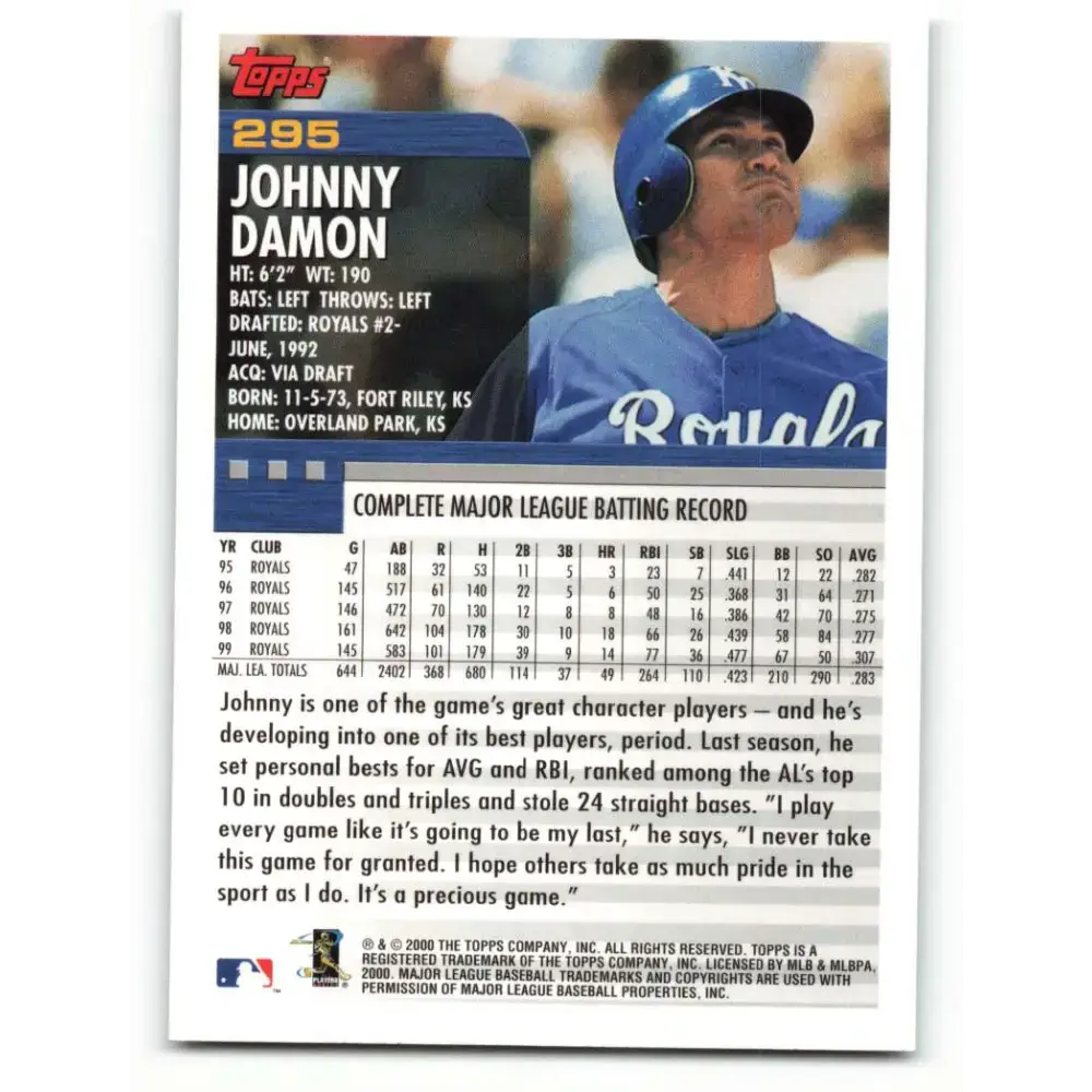 2000 Topps #295 Johnny Damon EX Excellent Kansas City Royals Baseball Card - Baseball Card Single
