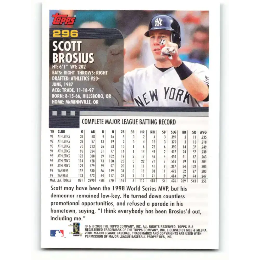 2000 Topps #296 Scott Brosius EX Excellent New York Yankees Baseball Card - Baseball Card Single