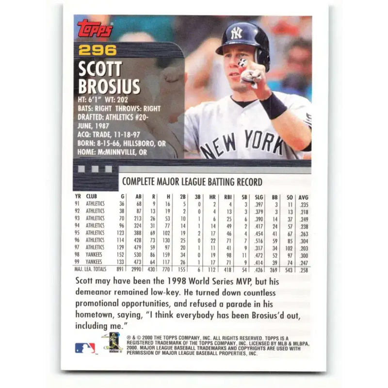 2000 Topps #296 Scott Brosius EX Excellent New York Yankees Baseball Card - Baseball Card Single