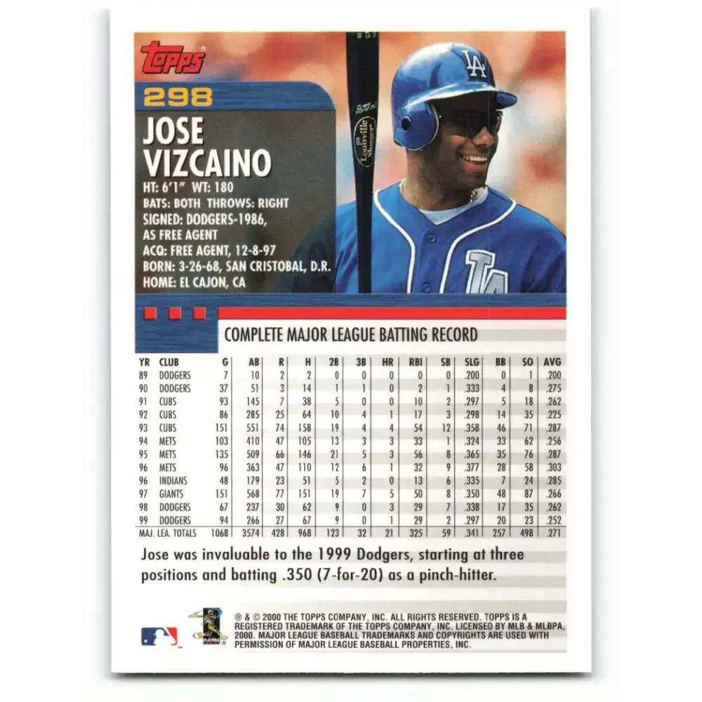 2000 Topps #298 Jose Vizcaino EX Excellent Los Angeles Dodgers Baseball Card - Baseball Card Single