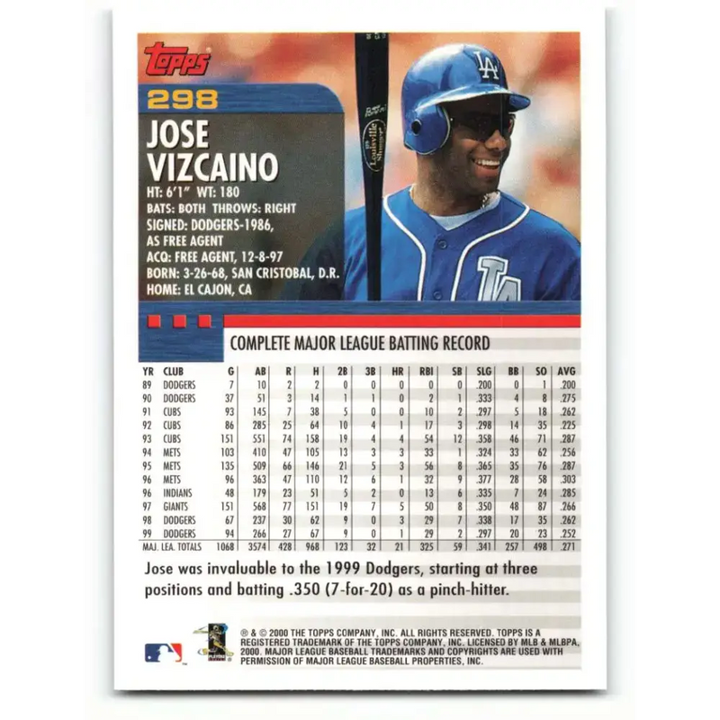 2000 Topps #298 Jose Vizcaino EX Excellent Los Angeles Dodgers Baseball Card - Baseball Card Single