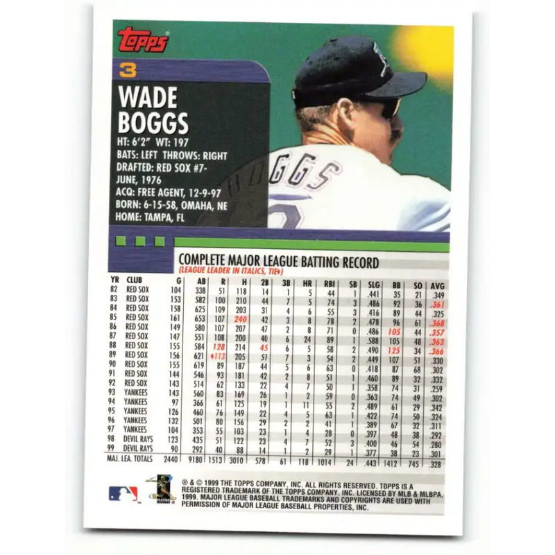 2000 Topps #3 Wade Boggs EX Excellent Tampa Bay Devil Rays Baseball Card - Baseball Card Single