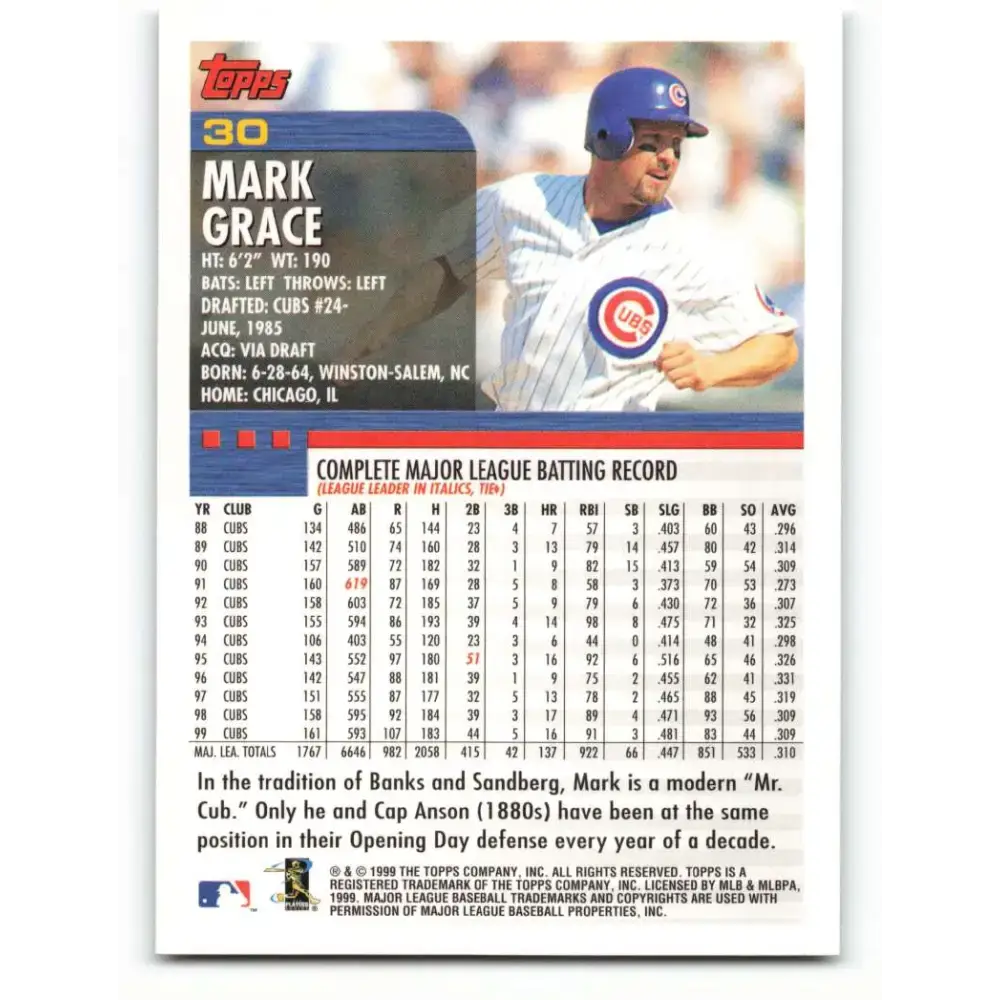 2000 Topps #30 Mark Grace EX Excellent Chicago Cubs Baseball Card - Baseball Card Single