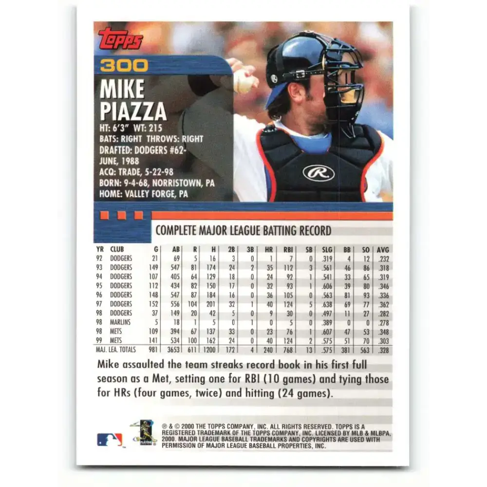 2000 Topps #300 Mike Piazza EX Excellent New York Mets Baseball Card - Baseball Card Single