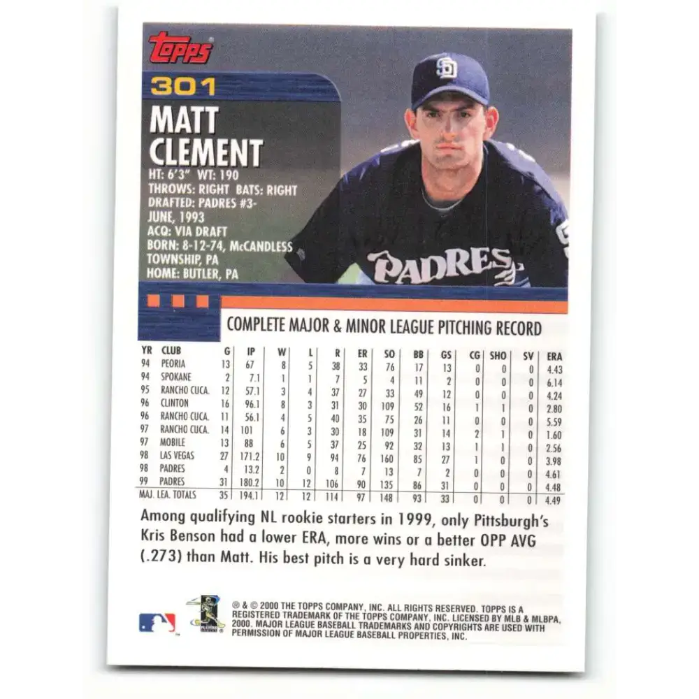 2000 Topps #301 Matt Clement EX Excellent San Diego Padres Baseball Card - Baseball Card Single
