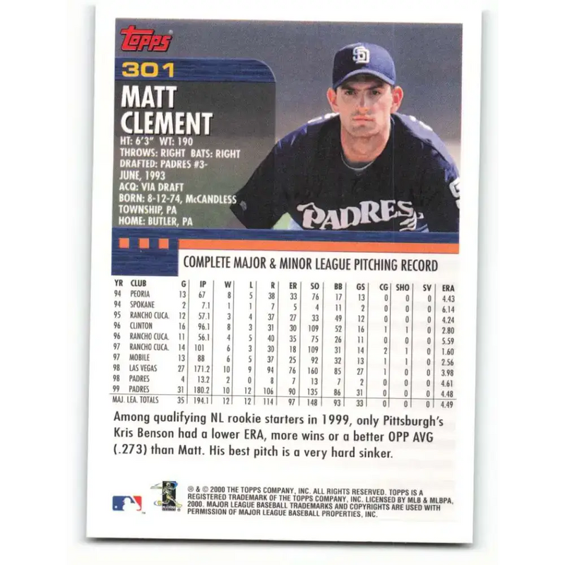 2000 Topps #301 Matt Clement EX Excellent San Diego Padres Baseball Card - Baseball Card Single
