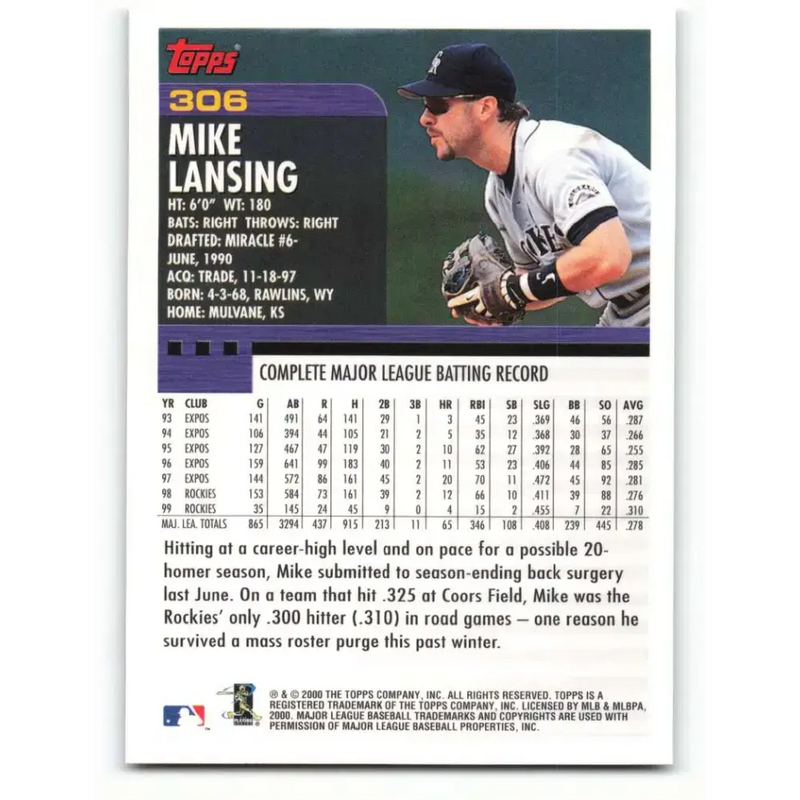 2000 Topps #306 Mike Lansing EX Excellent Colorado Rockies Baseball Card - Baseball Card Single