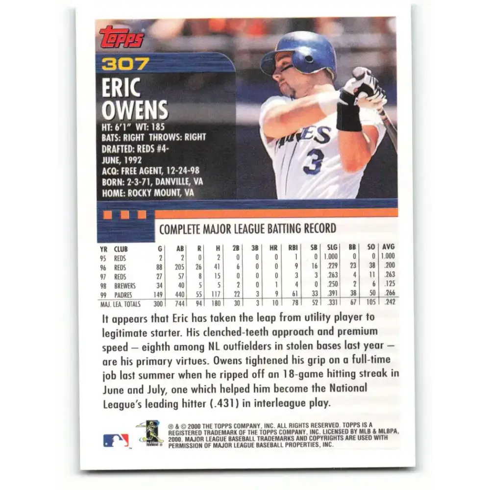 2000 Topps #307 Eric Owens EX Excellent San Diego Padres Baseball Card - Baseball Card Single