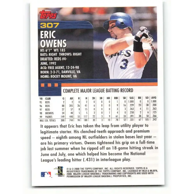 2000 Topps #307 Eric Owens EX Excellent San Diego Padres Baseball Card - Baseball Card Single