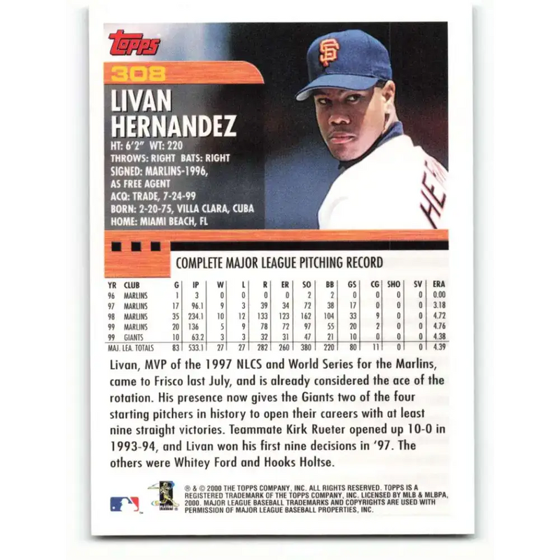 2000 Topps #308 Livan Hernandez EX Excellent San Francisco Giants Baseball Card - Baseball Card Single