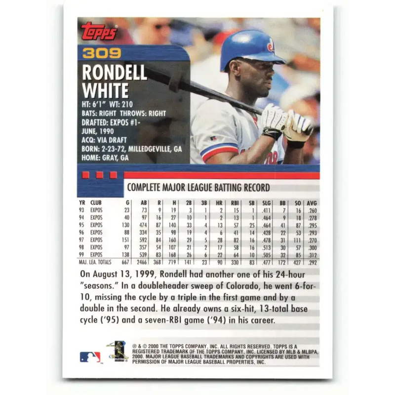2000 Topps #309 Rondell White EX Excellent Montreal Expos Baseball Card - Baseball Card Single