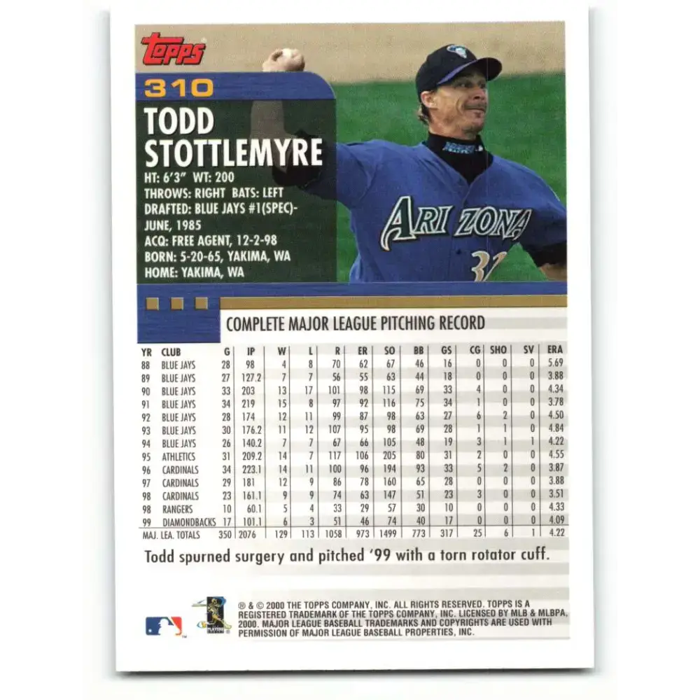 2000 Topps #310 Todd Stottlemyre EX Excellent Arizona Diamondbacks Baseball Card - Baseball Card Single