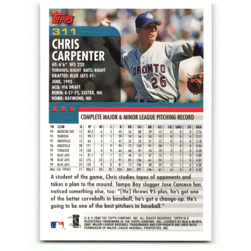 2000 Topps #311 Chris Carpenter EX Excellent Toronto Blue Jays Baseball Card - Baseball Card Single