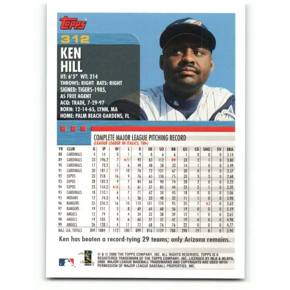 2000 Topps #312 Ken Hill EX Excellent Anaheim Angels Baseball Card - Baseball Card Single