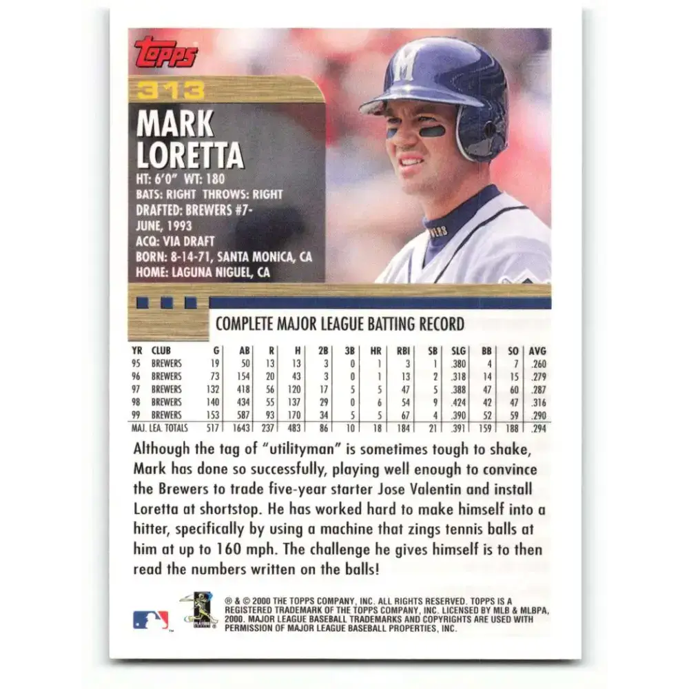 2000 Topps #313 Mark Loretta EX Excellent Milwaukee Brewers Baseball Card - Baseball Card Single