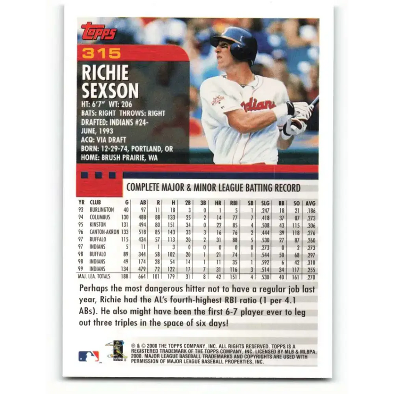 2000 Topps #315 Richie Sexson EX Excellent Cleveland Indians Baseball Card - Baseball Card Single